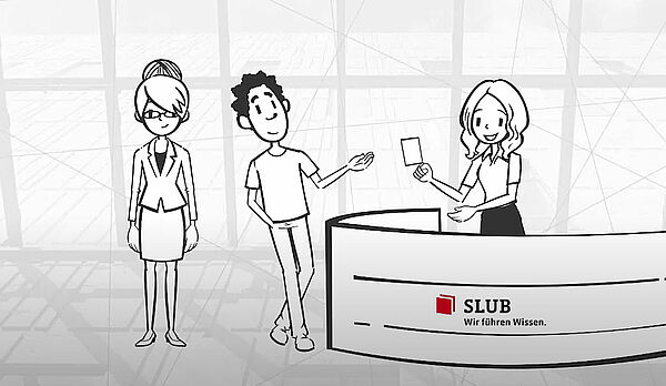 Zeichnung von drei Menschen in der SLUB an der Servicetheke, die eine SLUBCard überreicht bekommen